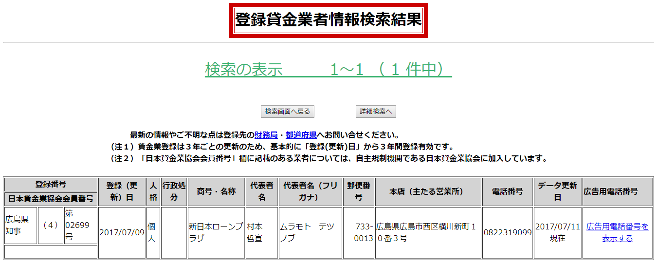 新日本ローンプラザの貸金業登録情報