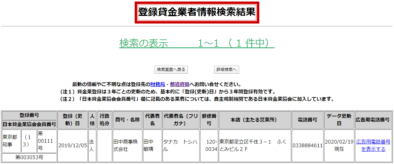 田中商事株式会社の貸金業登録情報